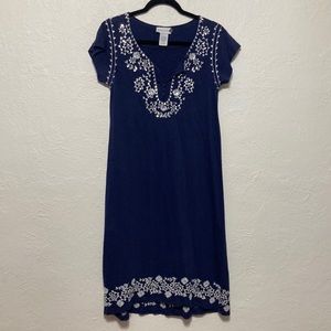 Soft Surrounding Blue T-Shirt Dress with Embellished Embroidered Neckline